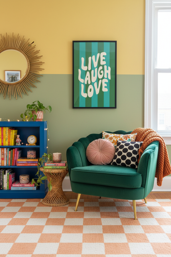 Playful Live Laugh Love Art Print shown framed in a modern room setting