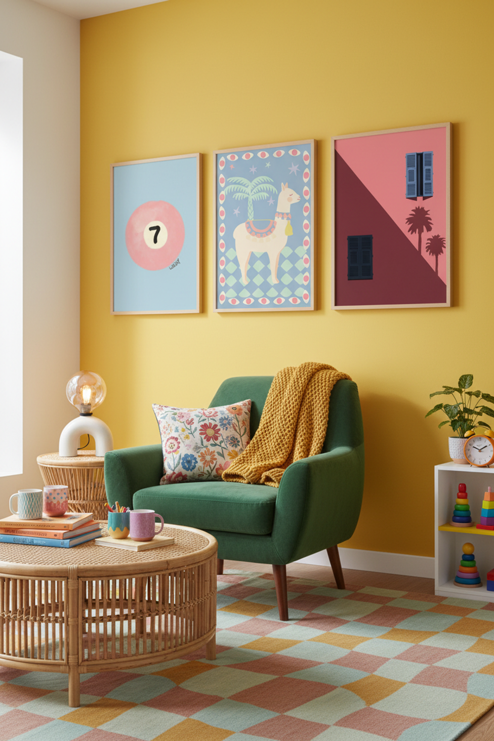 Playful Llama and Palm Tree Art Print as part of a gallery wall arrangement