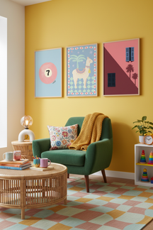 Playful Llama and Palm Tree Art Print as part of a gallery wall arrangement