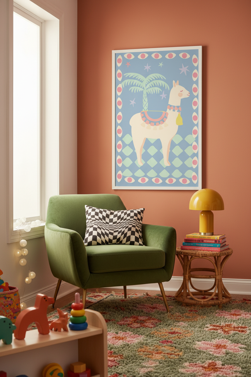 Playful Llama and Palm Tree Art Print shown framed in a modern room setting