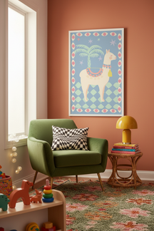 Playful Llama and Palm Tree Art Print shown framed in a modern room setting