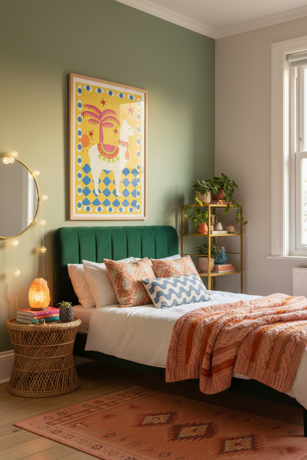 Playful Llama Palm Tree Art Print shown framed in a modern room setting