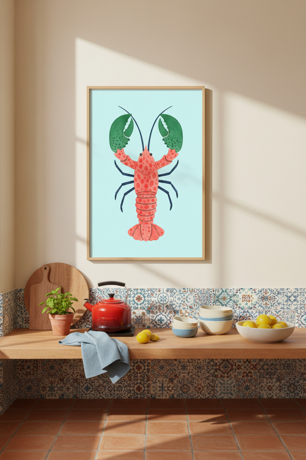 Playful Lobster Illustration Art Print shown framed in a modern room setting