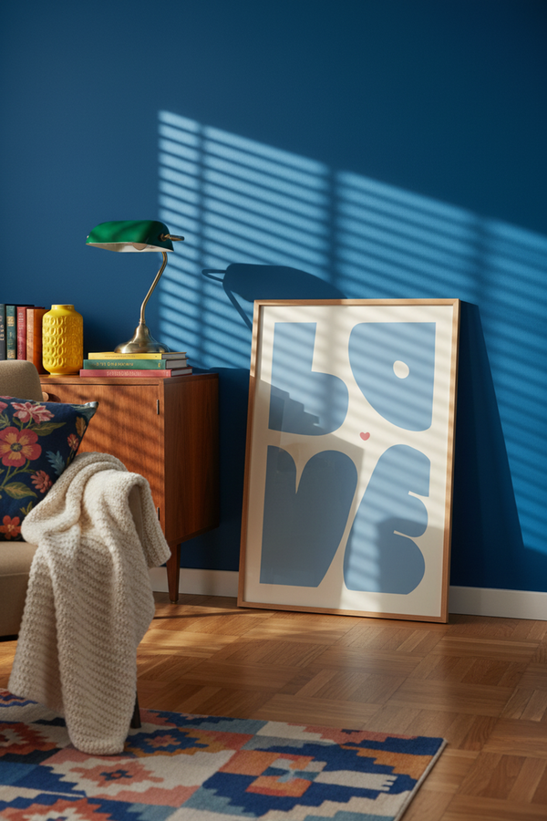 Playful Love Typography Art Print shown framed in a modern room setting