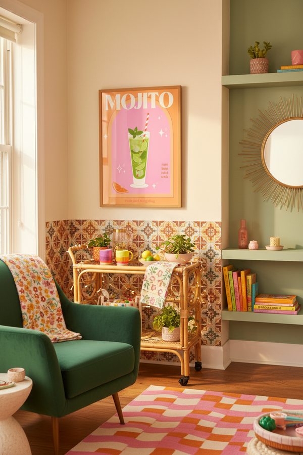 Playful Mojito Cocktail Art Print shown framed in a modern room setting