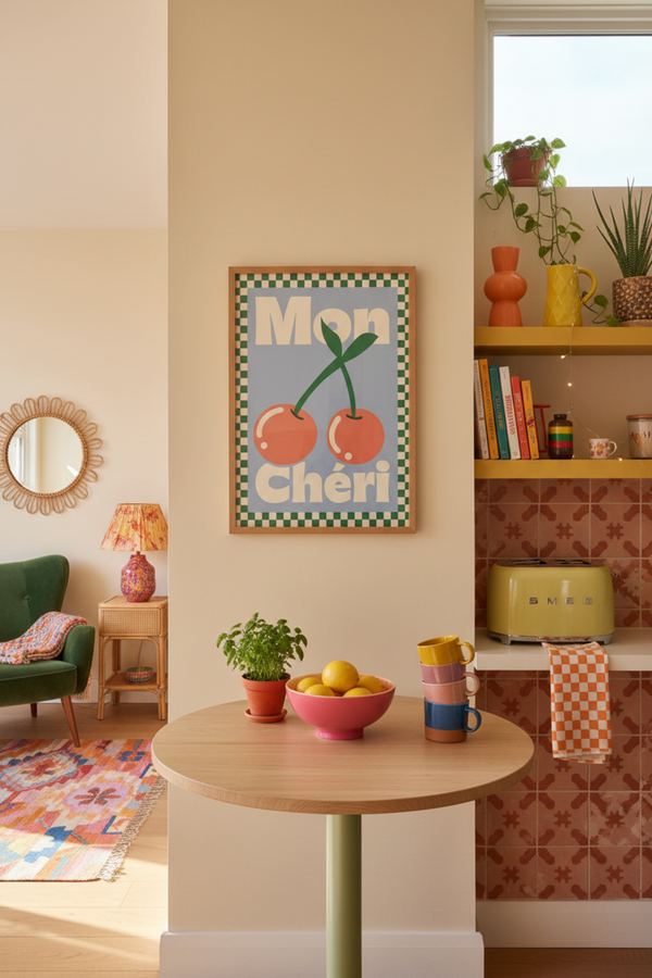 Playful Mon Chéri Cherry Art Print shown framed in a modern room setting