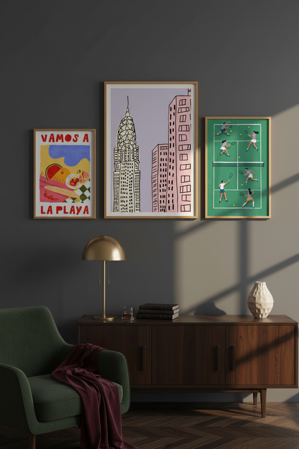 Playful New York Cityscape Art Print as part of a gallery wall arrangement