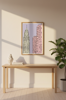 Playful New York Cityscape Art Print shown framed in a modern room setting