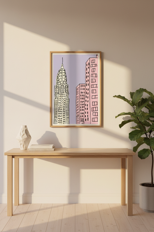 Playful New York Cityscape Art Print shown framed in a modern room setting