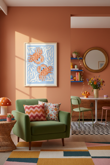 Playful Orange Crab Sea Life Art Print shown framed in a modern room setting