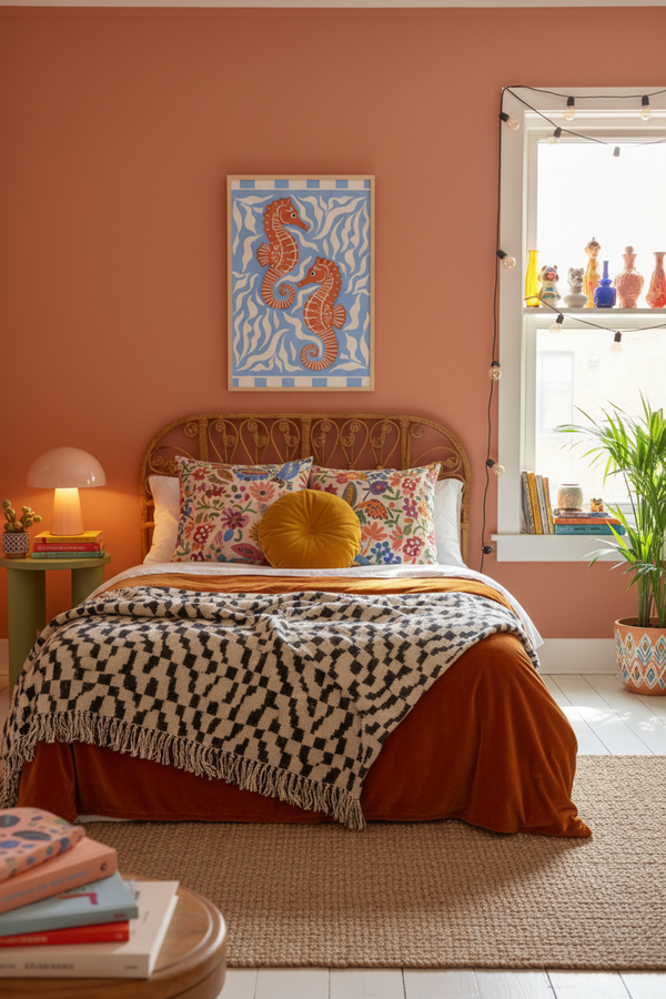 Playful Orange Seahorse Art Print shown framed in a modern room setting