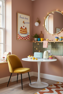 Playful Pancake Lover Art Print shown framed in a modern room setting
