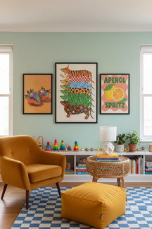 Playful Party Dogs Art Print as part of a gallery wall arrangement