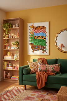 Playful Party Dogs Art Print shown framed in a modern room setting
