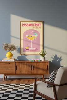 Playful Passion Fruit Martini Art Print shown framed in a modern room setting