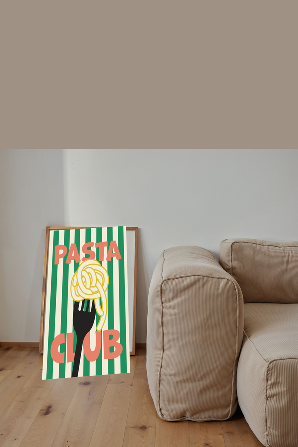 Playful Pasta Club Graphic Art Print shown framed in a modern room setting