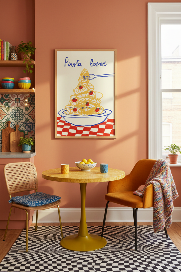 Playful Pasta Lover Art Print shown framed in a modern room setting