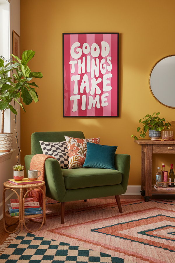 Playful Pink 'Good Things' Art Print shown framed in a modern room setting