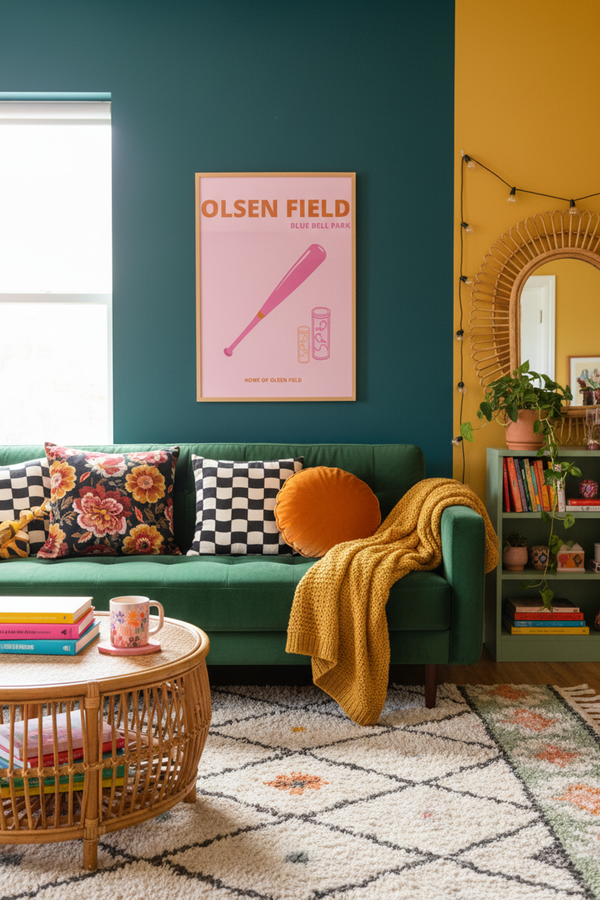 Playful Pink Baseball Bat Art Print shown framed in a modern room setting