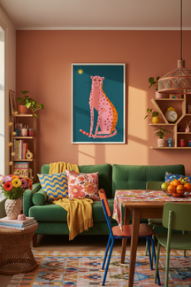 Playful Pink Cheetah Art Print shown framed in a modern room setting