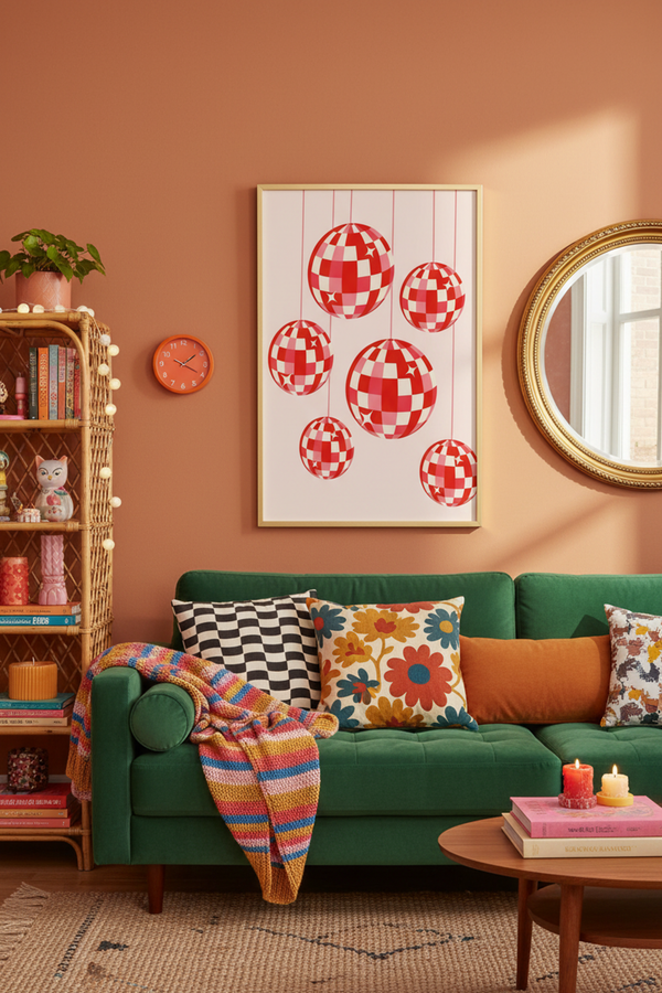 Playful Pink Disco Ball Art Print shown framed in a modern room setting