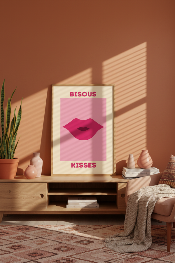 Playful Pink Kisses Art Print shown framed in a modern room setting