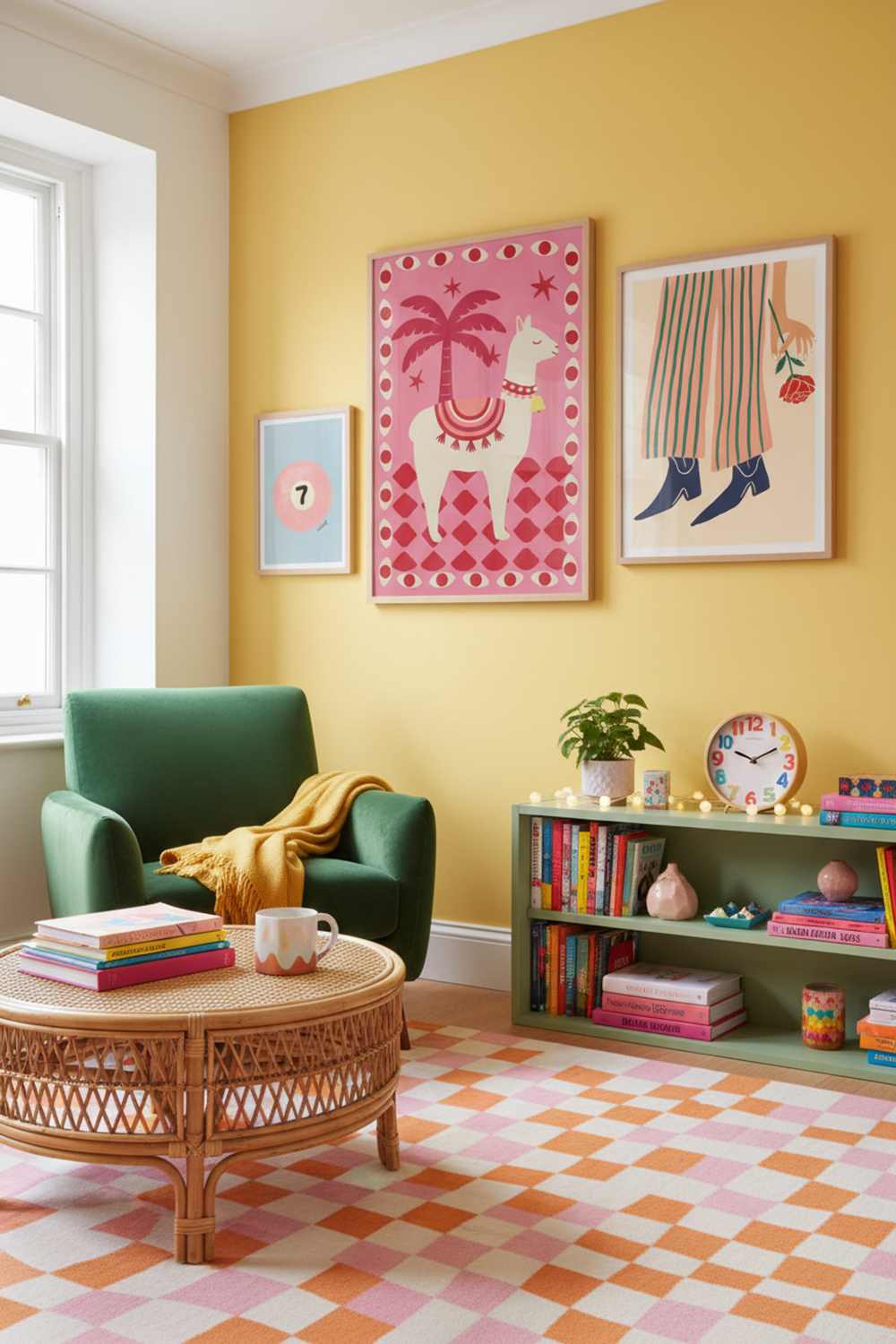 Playful Pink Llama Art Print as part of a gallery wall arrangement