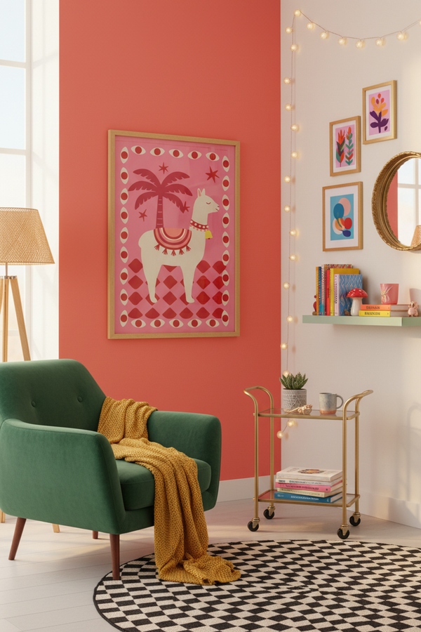 Playful Pink Llama Art Print shown framed in a modern room setting
