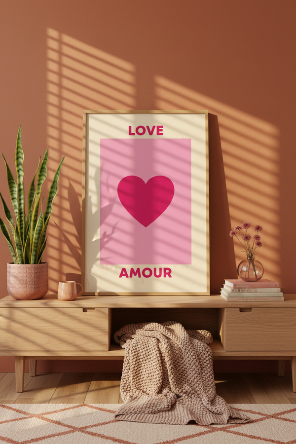 Playful Pink Love Heart Art Print shown framed in a modern room setting