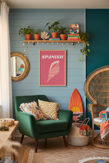 Playful Pink Seashell Art Print shown framed in a modern room setting
