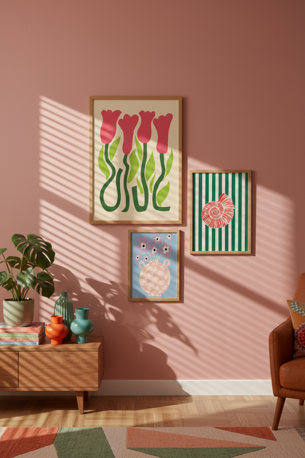 Playful Pink Tulip Field Art Print as part of a gallery wall arrangement
