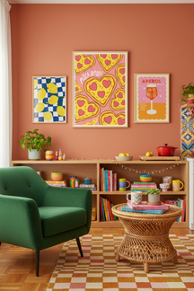 Playful Pizza Amore Art Print shown framed in a modern room setting