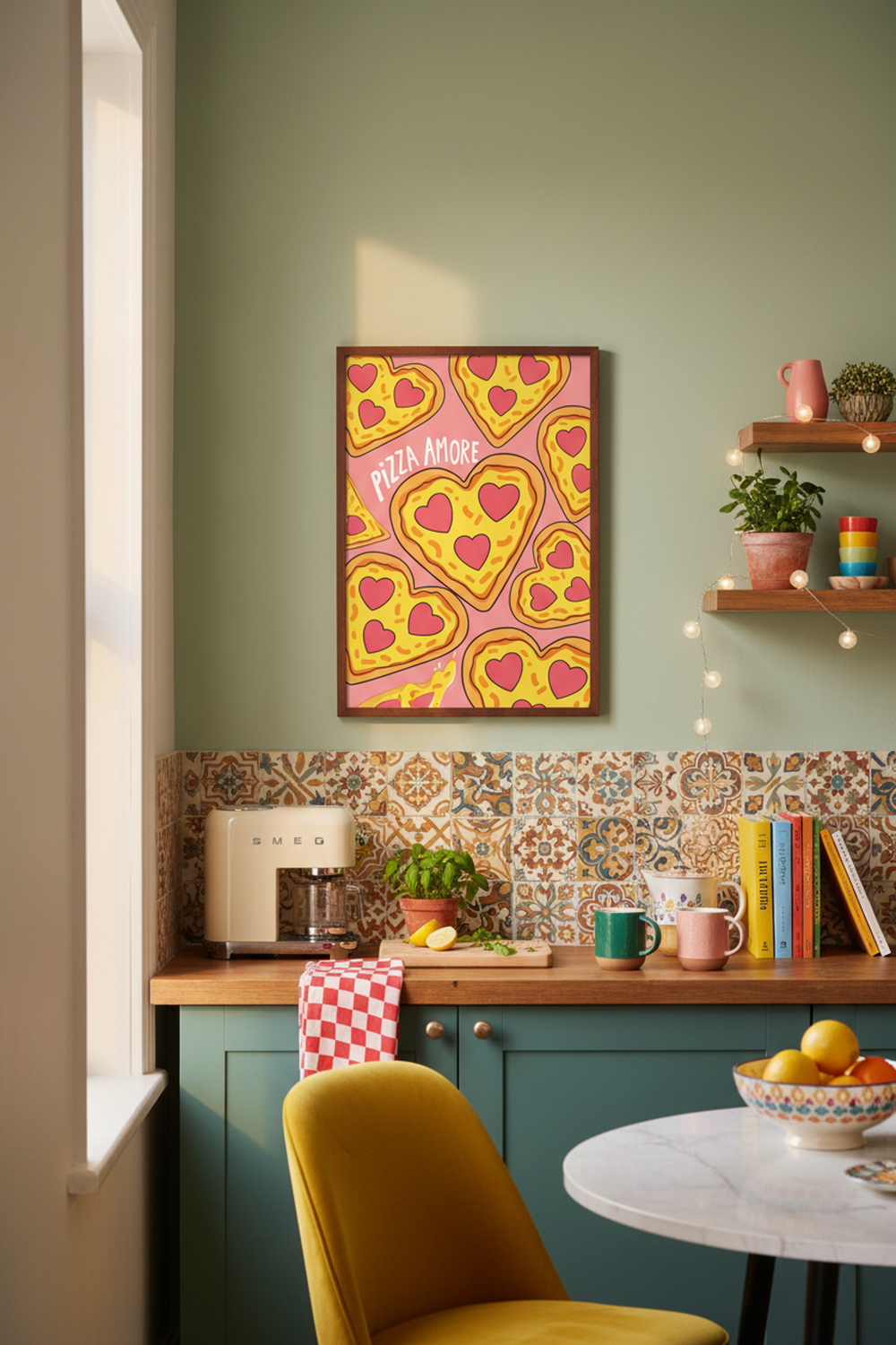 Playful Pizza Amore Art Print as part of a gallery wall arrangement