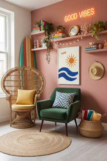 Playful Playa Sun & Waves Art Print shown framed in a modern room setting