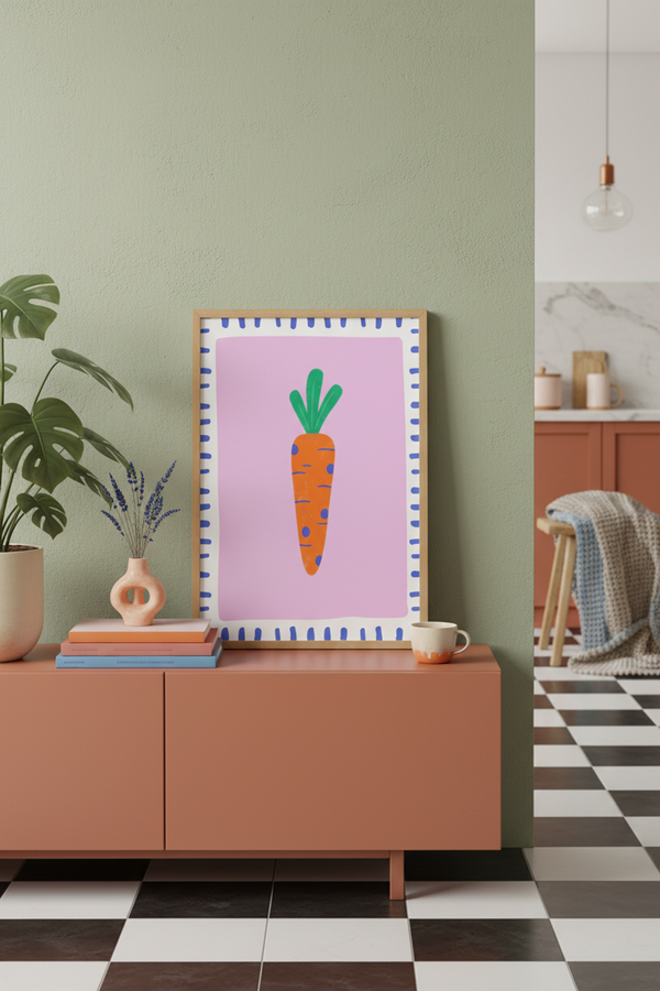 Playful Polka Dot Carrot Art Print shown framed in a modern room setting