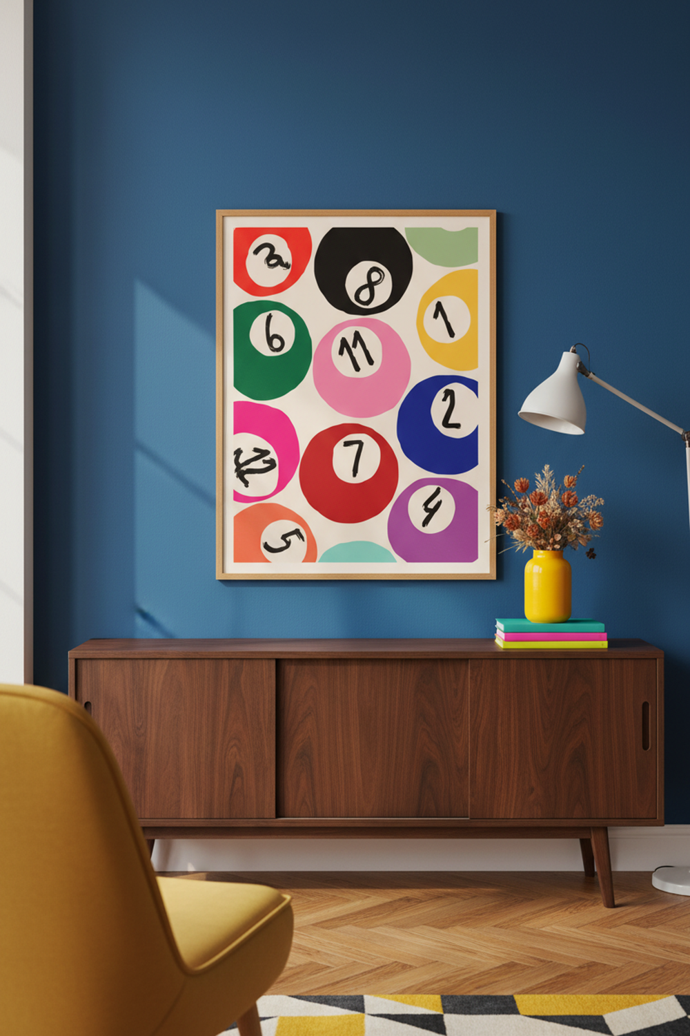 Playful Pool Ball Numbers Art Print shown framed in a modern room setting