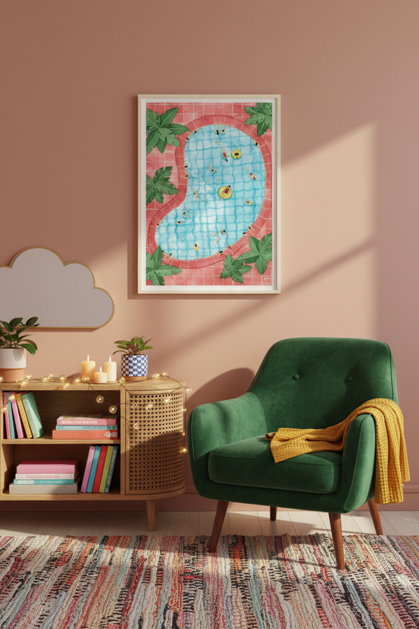 Playful Poolside Gathering Art Print shown framed in a modern room setting