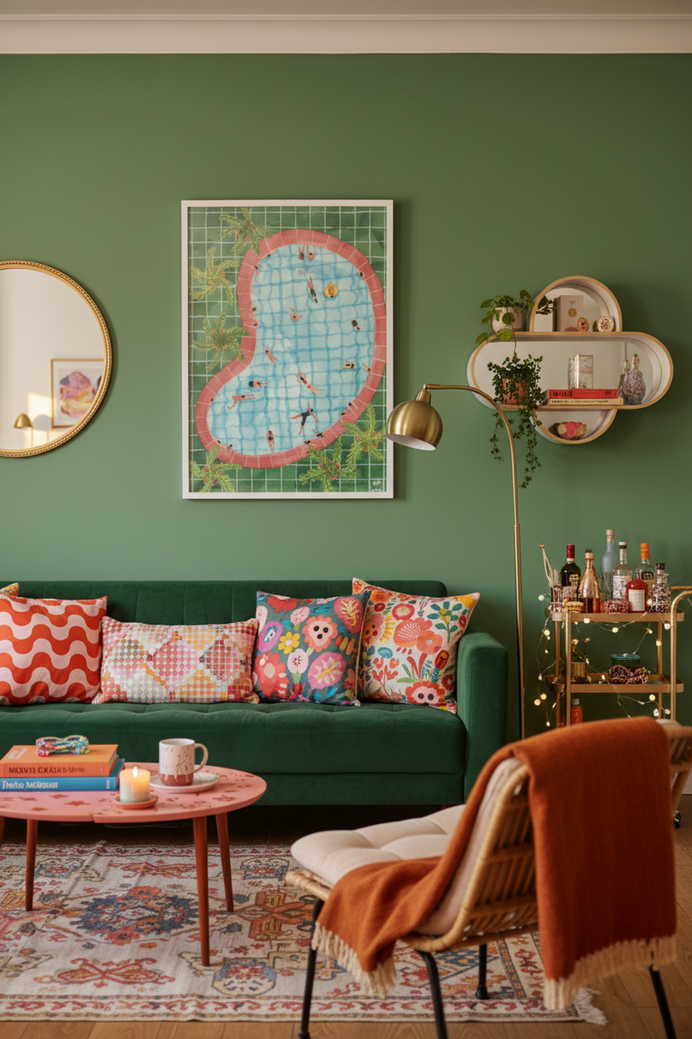 Playful Poolside Palm Trees Art Print shown framed in a modern room setting