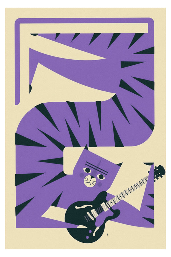 Playful Purple Cat Guitarist Art Print – wall art print by LOUDHAUS