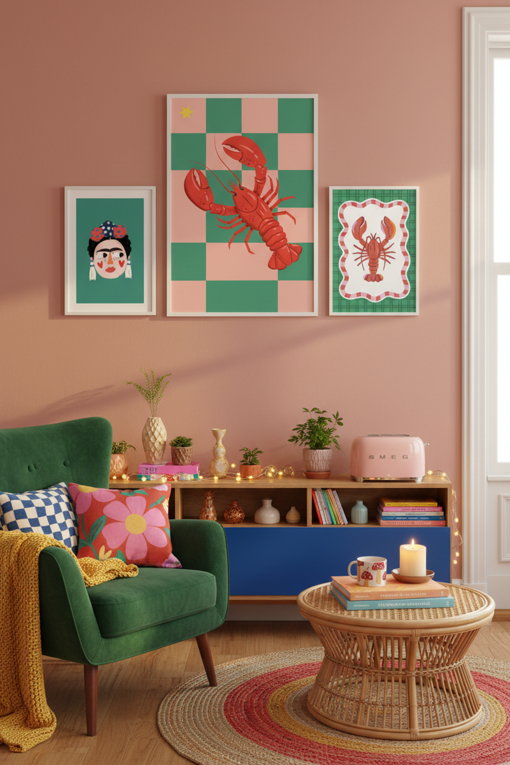 Playful Red Lobster Art Print as part of a gallery wall arrangement