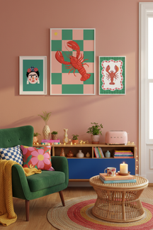 Playful Red Lobster Art Print as part of a gallery wall arrangement