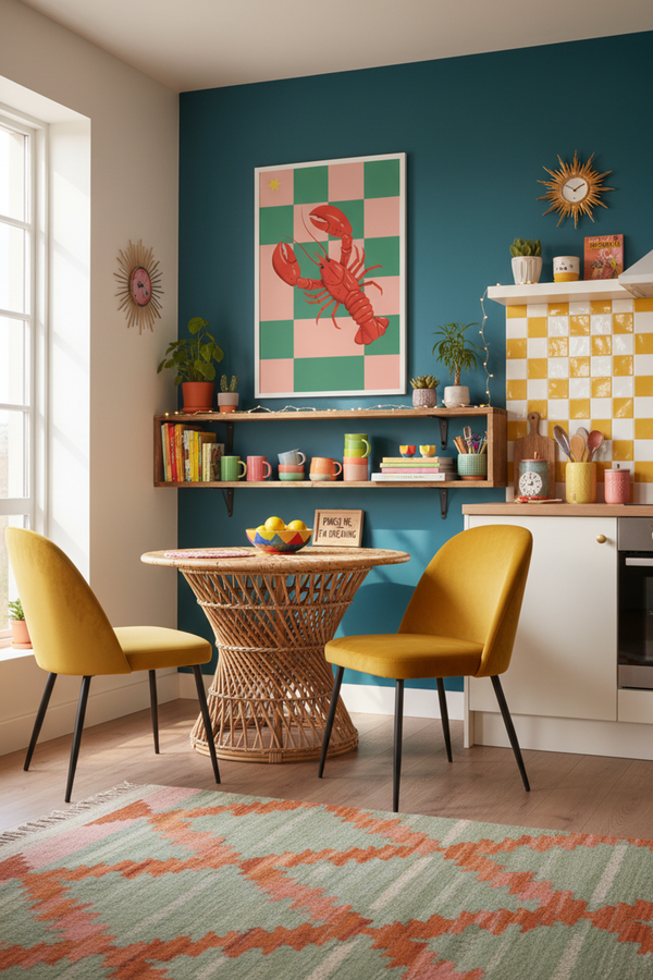 Playful Red Lobster Art Print shown framed in a modern room setting