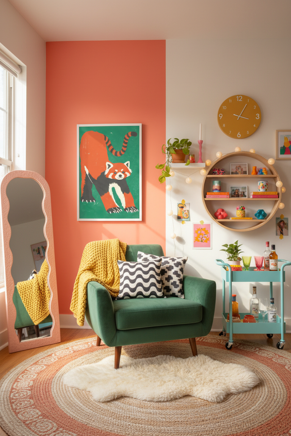 Playful Red Panda Illustration Art Print shown framed in a modern room setting