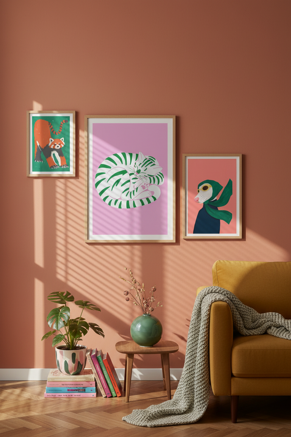 Playful Sleeping Cat Art Print as part of a gallery wall arrangement