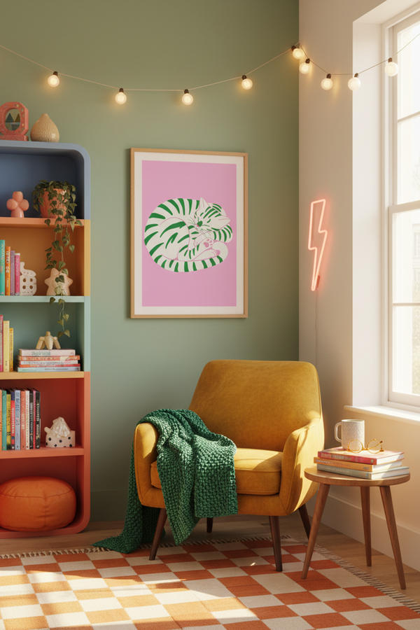 Playful Sleeping Cat Art Print shown framed in a modern room setting