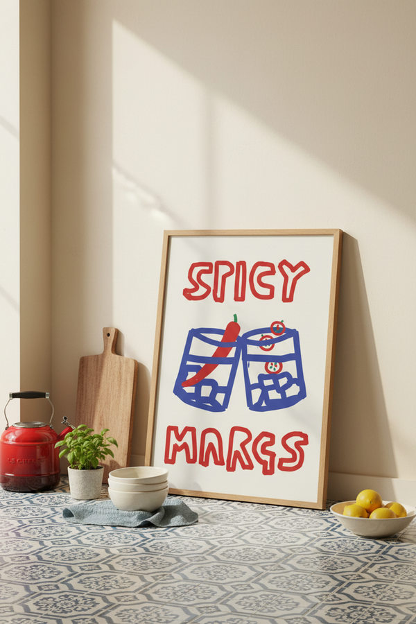 Playful Spicy Margs Art Print shown framed in a modern room setting