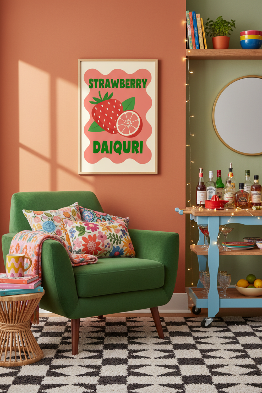 Playful Strawberry Daiquiri Art Print shown framed in a modern room setting