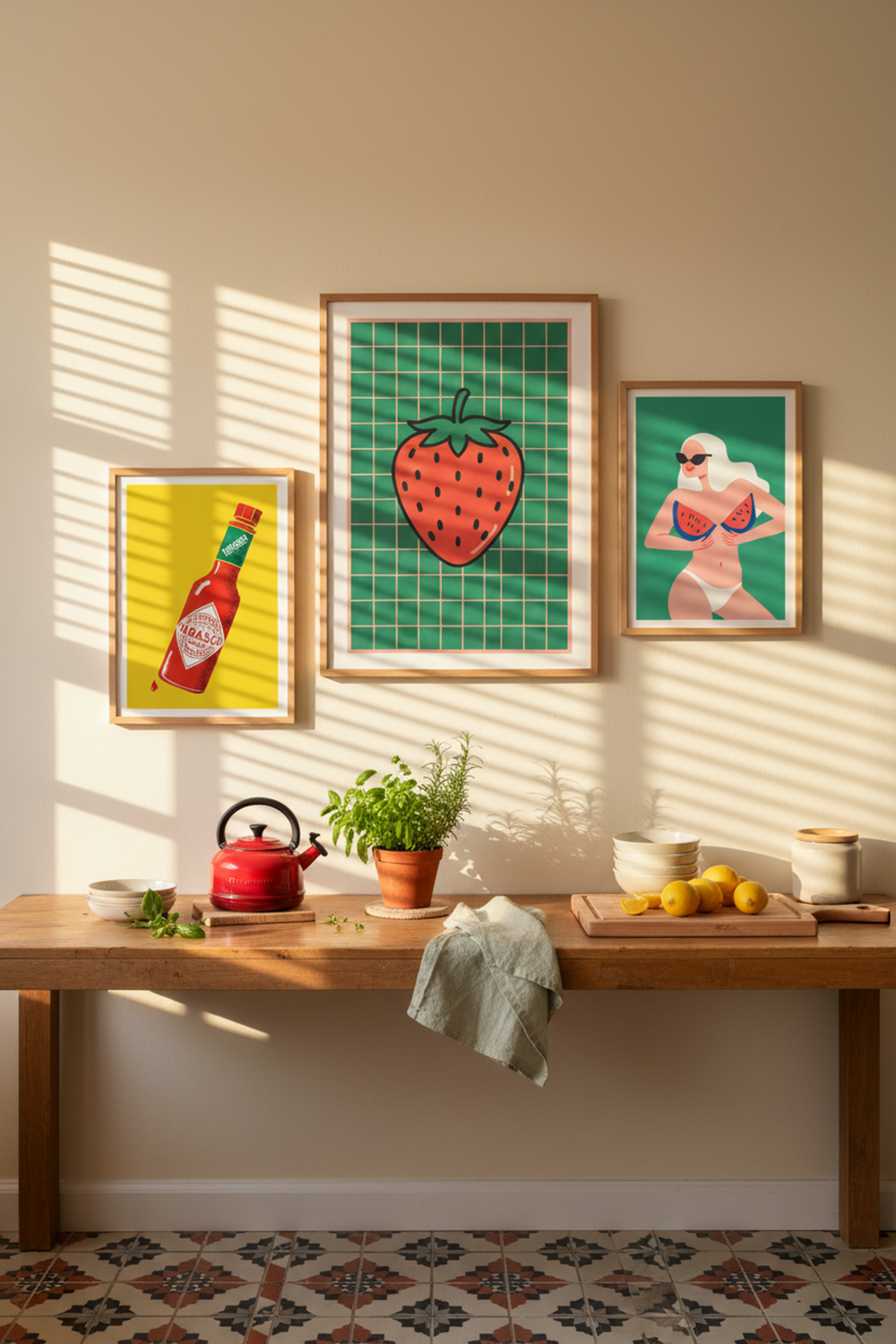 Playful Strawberry Grid Art Print as part of a gallery wall arrangement