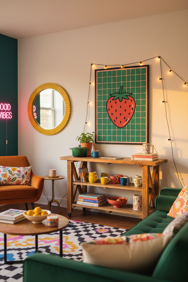 Playful Strawberry Grid Art Print shown framed in a modern room setting