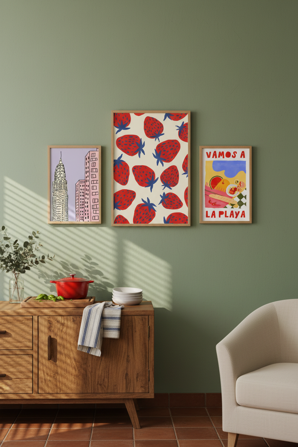 Playful Strawberry Pattern Art Print as part of a gallery wall arrangement